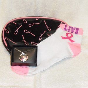 *Breast Cancer Awareness Set-Socks, Avon Necklace & Cosmetic Bag BRAND NEW
